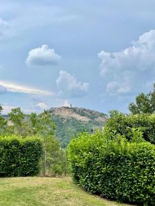 einen Hügel mit einem Turm auf einem Berg in der Unterkunft La Casetta della valle di Civita in Bagnoregio