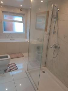 a bathroom with a shower and a toilet at The w3 flat in London