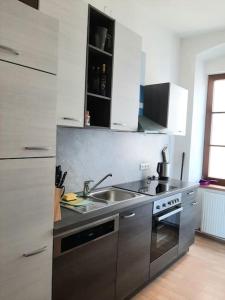 een keuken met een wastafel en een fornuis top oven bij Wachau - Angenehm ruhiges Zimmer 5 in Mautern