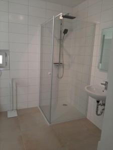 een douche met een glazen deur naast een wastafel bij Wachau - Angenehm ruhiges Zimmer 5 in Mautern