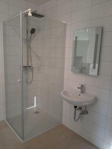 een badkamer met een glazen douche en een wastafel bij Wachau - Angenehm ruhiges Zimmer 5 in Mautern