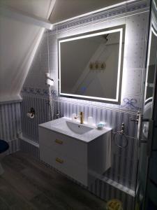 een badkamer met een wastafel en een spiegel bij Chambres d'Hôtes Le Grismoustier in Veulettes-sur-Mer