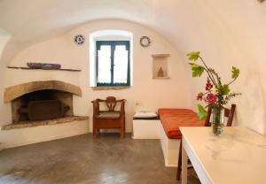 a living room with a couch and a fireplace at Axion Studios in Aroniadika