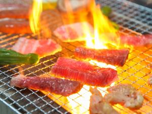 a grill with a bunch of meat on fire at Japanese Cottage Nagomiya seseragi in Gujo