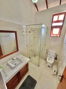 a bathroom with a sink and a shower and a toilet at THE DOCTORS VILLA in Ragama
