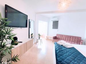 ein Wohnzimmer mit einem Sofa und einem Flachbild-TV in der Unterkunft Golden Estudio in Málaga