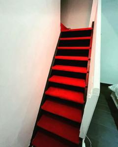 een rode trap met vloerbedekking in een kamer met rode loper bij Authenticité au cœur de la ville in Lyon