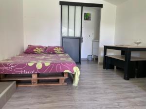 ein Schlafzimmer mit einem Bett mit einer rosa Decke und einem Tisch in der Unterkunft Studio tout équipé avec jacuzzi in Saint-Didier