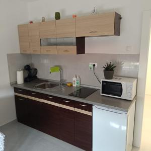 a kitchen with a sink and a microwave on a counter at New studio apartman Emda u centru Splita in Split
