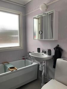 een badkamer met een wastafel, een bad en een spiegel bij Villa Marlise in Hammarstrand