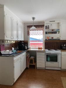 cocina con armarios blancos, fregadero y ventana en Villa Marlise en Hammarstrand