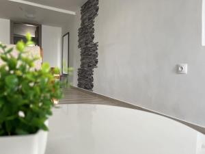 un soggiorno con parete in pietra e una pianta di Emporio New Classic 1Bd Santorini Stylish Apt a Emporio