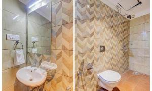 2 immagini di un bagno con servizi igienici e lavandino di FabHotel Peak Stay ad Alto Porvorim
