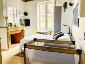 sypialnia z łóżkiem i kominkiem w obiekcie Studio de charme bien equipé - Matelas de qualité - Proche de la gare et de Versailles w mieście Marly-le-Roi