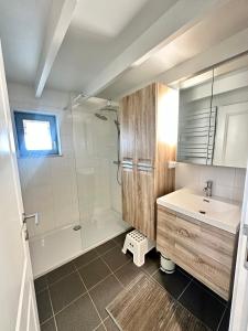 a bathroom with a tub and a sink and a shower at Zeepark Mercator in Wenduine