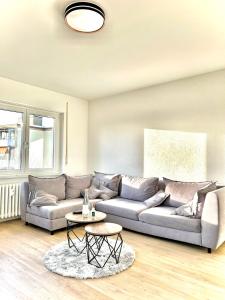 a living room with a couch and a table at Explore CH & FR - deluxe apartment Basel Airport in Herten