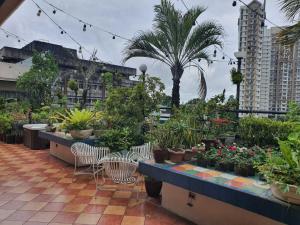 a patio with chairs and potted plants and palm trees at Stone House Quezon City in Manila