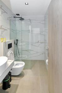 a bathroom with a toilet and a glass shower at AR APARTMENTS in Nikiti