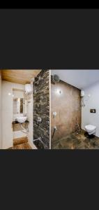 Duas fotografias de uma casa de banho com um lavatório e um WC. em Hotel Green Park em Mumbai