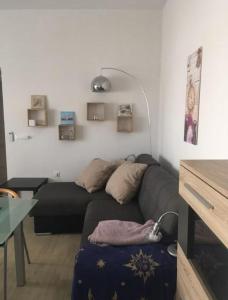 uma sala de estar com um sofá preto e uma mesa em Apartment Julia em Supetarska Draga