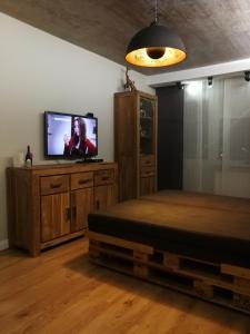 - une chambre avec un lit et une télévision à écran plat dans l'établissement Apartamentai 78, à Mažeikiai
