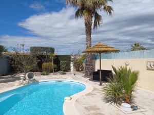 a swimming pool with an umbrella and a palm tree at Villa Manet Portiragnes in Portiragnes