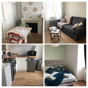 un collage de cuatro fotos de una cocina y una sala de estar en Le Burin des Rosiers, en Olby
