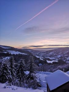 a view of a snow covered valley with trees at Le Grab in Saint-Jacques-des-Blats