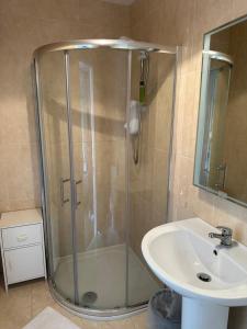 ein Bad mit einer Dusche und einem Waschbecken in der Unterkunft Marine Villa B&B in Annalong