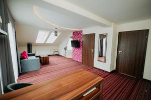 salon z kanapą i telewizorem w pokoju w obiekcie Noclegi - Apartamenty Żołynianka w mieście Żołynia