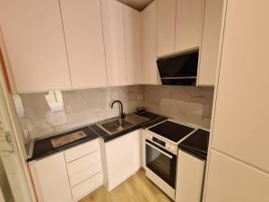 a small kitchen with white cabinets and a sink at Tirana Center Apartaments in Tirana
