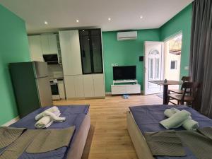two beds in a room with green walls and a kitchen at Tirana Center Apartaments in Tirana