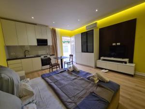 a living room with a bed and a kitchen at Tirana Center Apartaments in Tirana