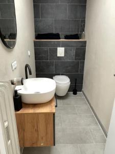 a bathroom with a sink and a toilet at Modernes City-Appartment im Herzen von Schweinfurt in Schweinfurt