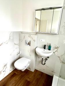 bagno con servizi igienici, lavandino e specchio di Ferienwohnung Herbolzheim a Herbolzheim