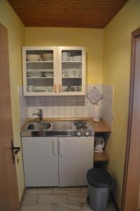 a small kitchen with white cabinets and a sink at Haus Widder Nr3 in Kopendorf