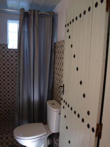 ein Bad mit einem WC und einem Duschvorhang in der Unterkunft Country House Spitaki Λόχος in Velika