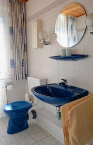 a bathroom with a blue sink and a toilet at Haus Widder Nr2 in Kopendorf