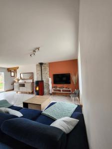 uma sala de estar com um sofá azul e uma televisão em Le refuge de daglan em Daglan