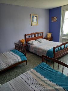 zwei Betten in einem Zimmer mit blauen Wänden in der Unterkunft Maison proche la tremblade et de ronce les bains in Étaules