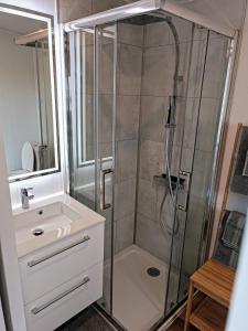 a shower with a glass door next to a sink at Ecolodge du petit champ in Graves