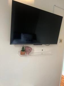 uma televisão de ecrã plano pendurada numa parede em Always the same price! Free parking em Londres
