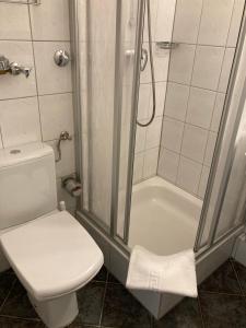 a bathroom with a shower and a toilet and a shower at Ferienwohnung Schlosser in Kiel +33 photos