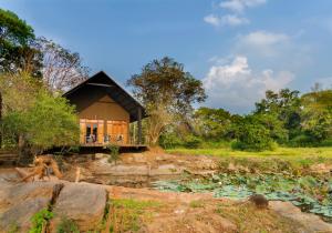una casa en medio de un campo con un estanque en Turtle Pond Wilpattu en Wilpattu