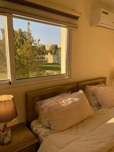 a bedroom with two beds and a large window at Classy Hostel in Madaba