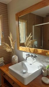a bathroom with a white sink and a mirror at Résidence Les Pêcheries in Saint-Vaast-la-Hougue
