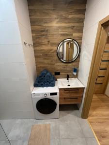 ein Badezimmer mit einer Waschmaschine und einem Waschbecken in der Unterkunft Hostel - Mini room Katowice in Kattowitz