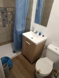 y baño con aseo, lavabo y ducha. en Apartamentos La Campana 1, en Jerez de la Frontera