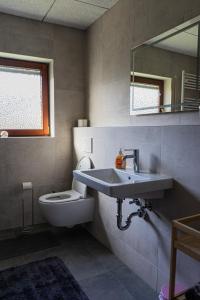 a bathroom with a sink and a toilet at Ferienwohnung Am Rhaunelbach in Rhaunen