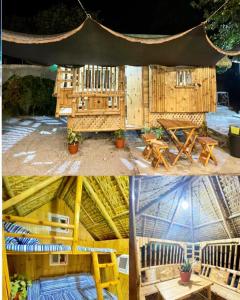 twee foto's van een gebouw met een tafel en stoelen bij Camp Binoclutan Kubotel in Botolan